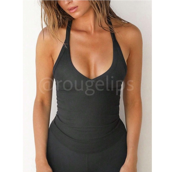 Black Ribbed Tank Top Racerback V-Neck Slim Fit Stretchy - Picture 2 of 7